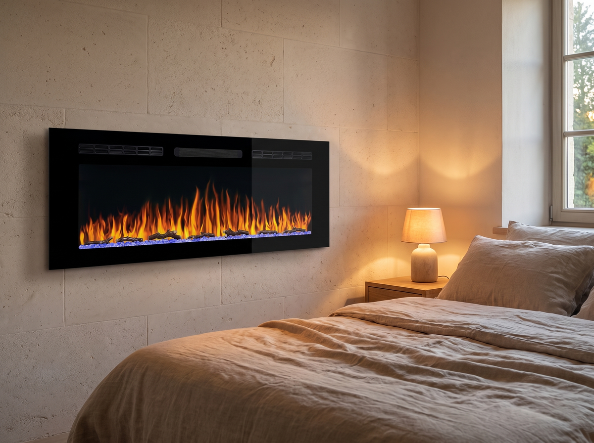 Cheminée électrique murale 127 cm dans une chambre