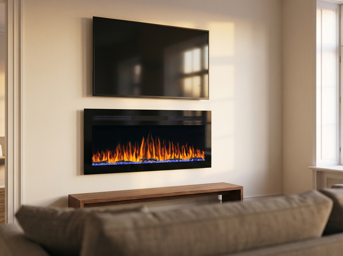 Cheminée électrique murale 95 cm sous une télévision 43 pouces