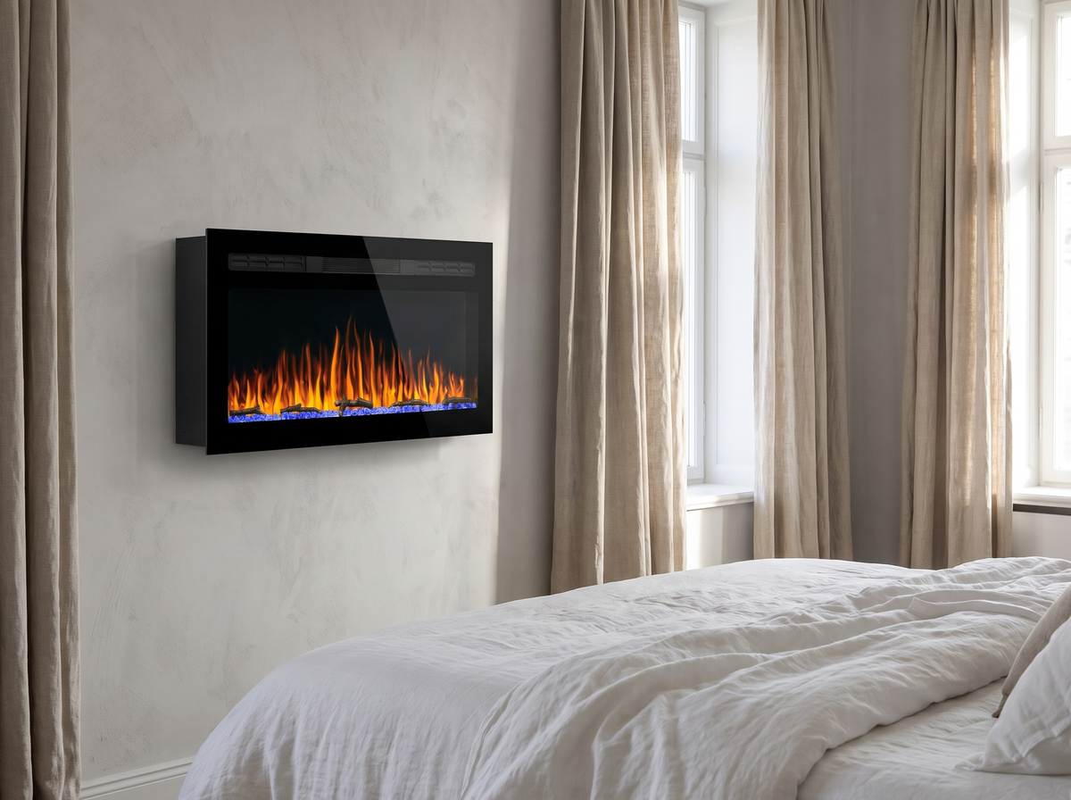 Cheminée électrique murale 95 cm dans une chambre
