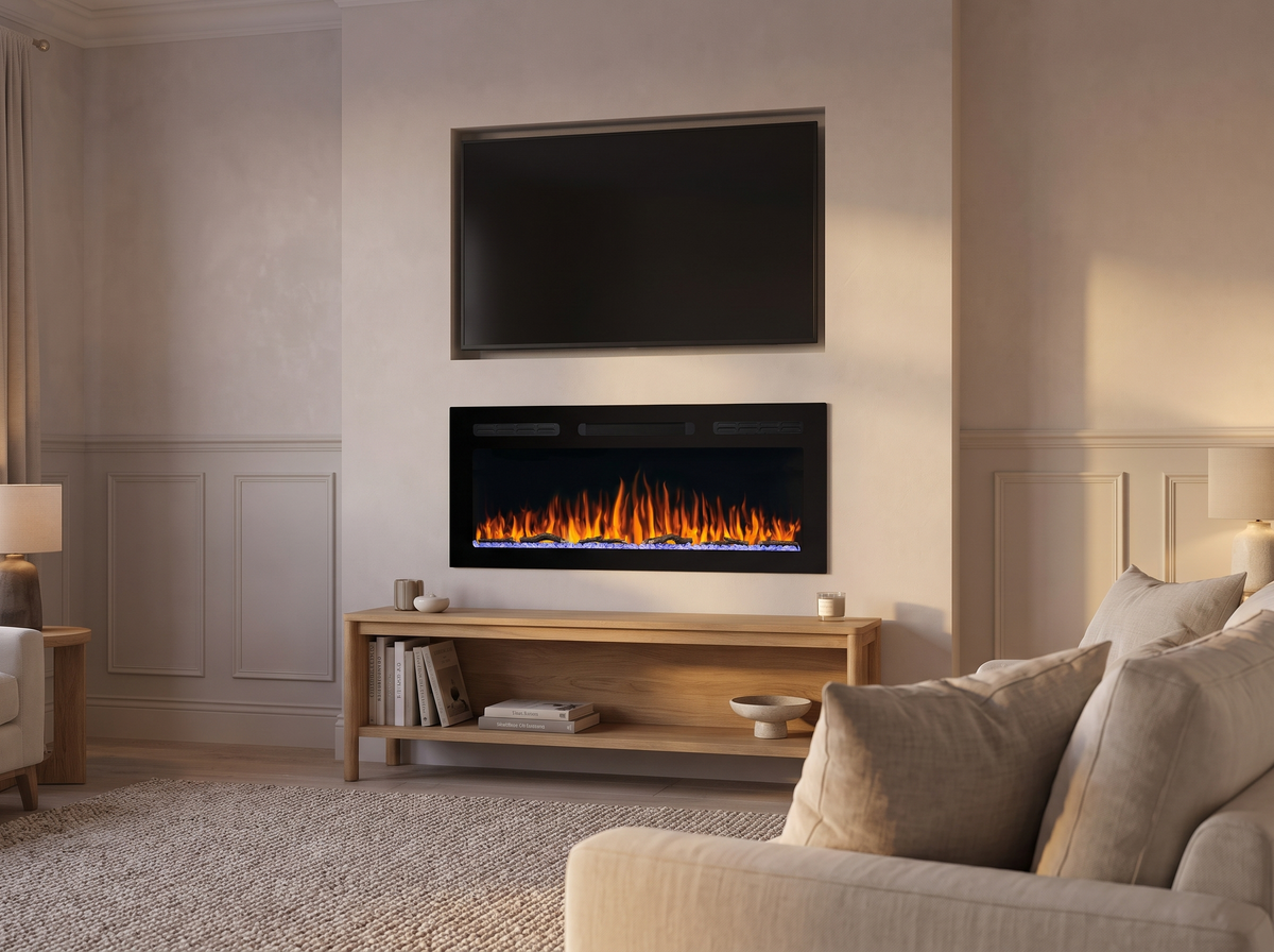 Cheminée électrique murale 102 cm sous une télévision 50 pouces