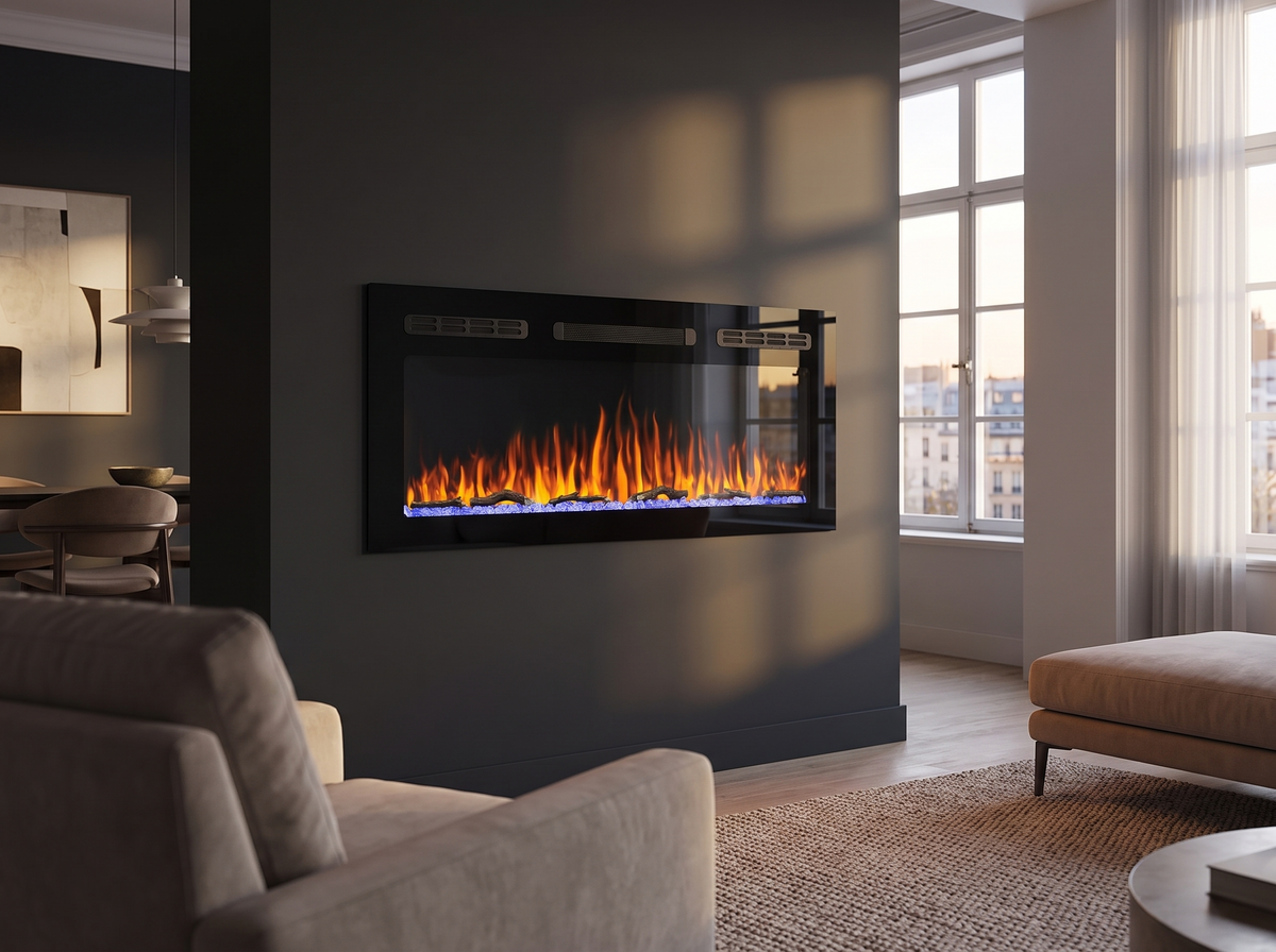 Cheminée électrique murale 102 cm dans un salon